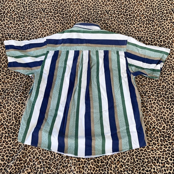 Vintage Trader Bay XL Striped Short Sleeved Collared Button Down Top Green Blue - Picture 9 of 9
